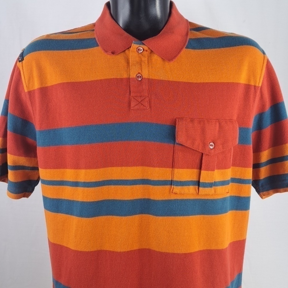 Y2K Rocawear stripped front button pocket casual orange & blue polo XL shirt